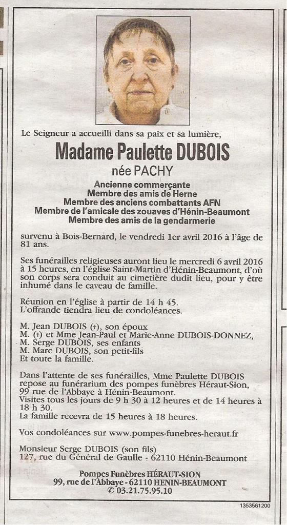 NE du 03-04-2016 Faire-part décès Paulette DUBOIS